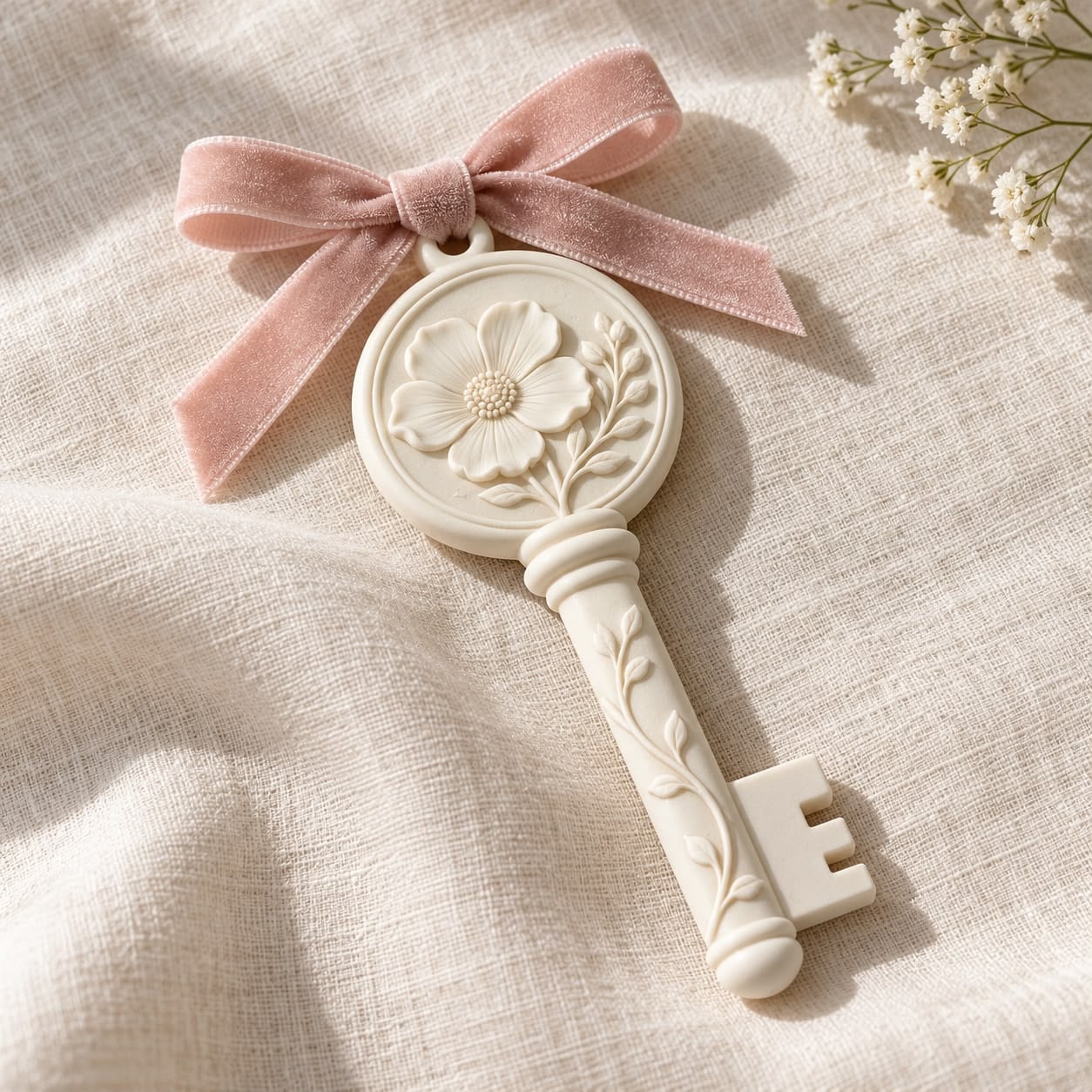 Llave Floral en Blanco roto con lazo Gasa salvia