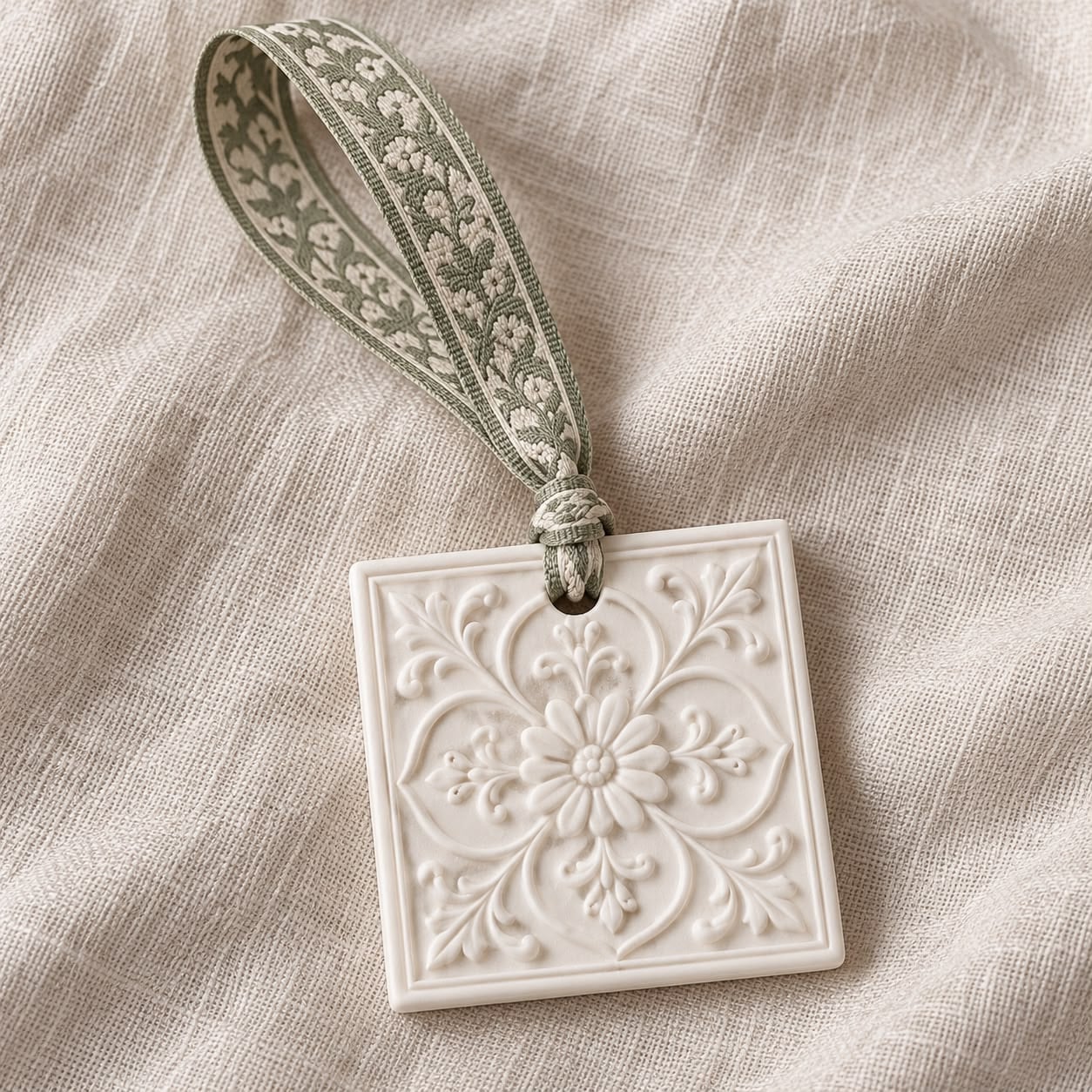 Azulejo floral con una flor central en relieve y cinta bordada en verde salvia sobre lino