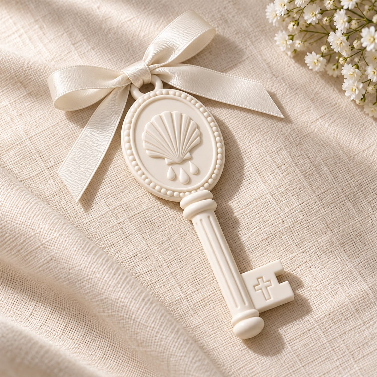 Llave Concha en Blanco roto con lazo Gasa salvia